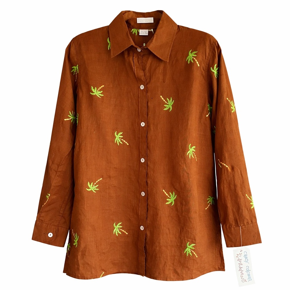 CASEY COLEMAN 100% Linen Brown Palm Tree Button Down Linen Shirt Small NWT